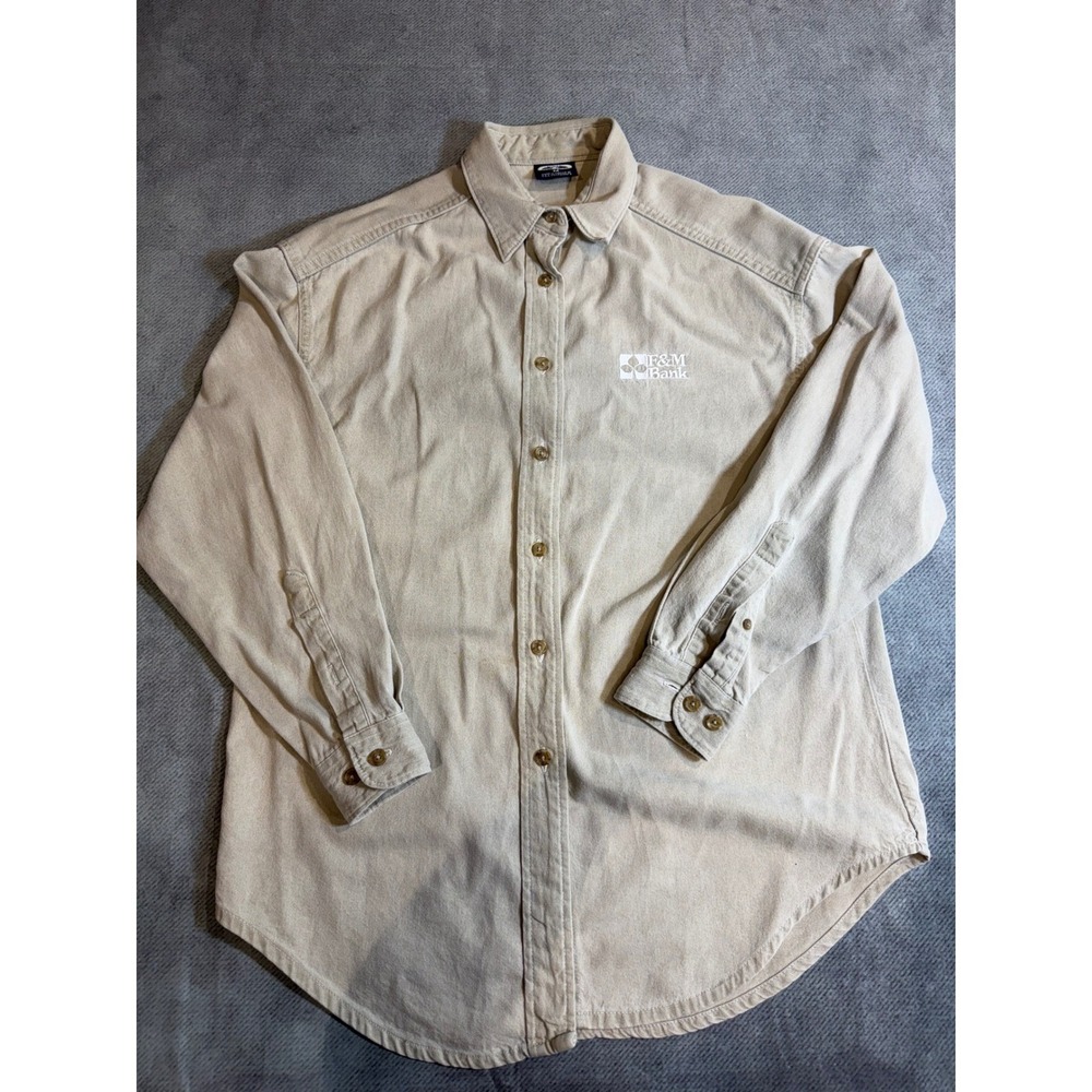 Three Rivers Mens Tan Long Sleeve Button Down Shirt F&M Bank Logo Size Medium